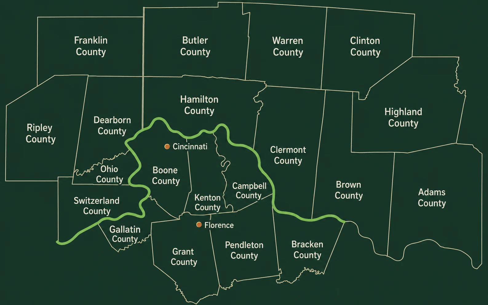 Map illustration of counties around Greater Cincinnati and Northern Kentucky, including Cincinnati and Florence